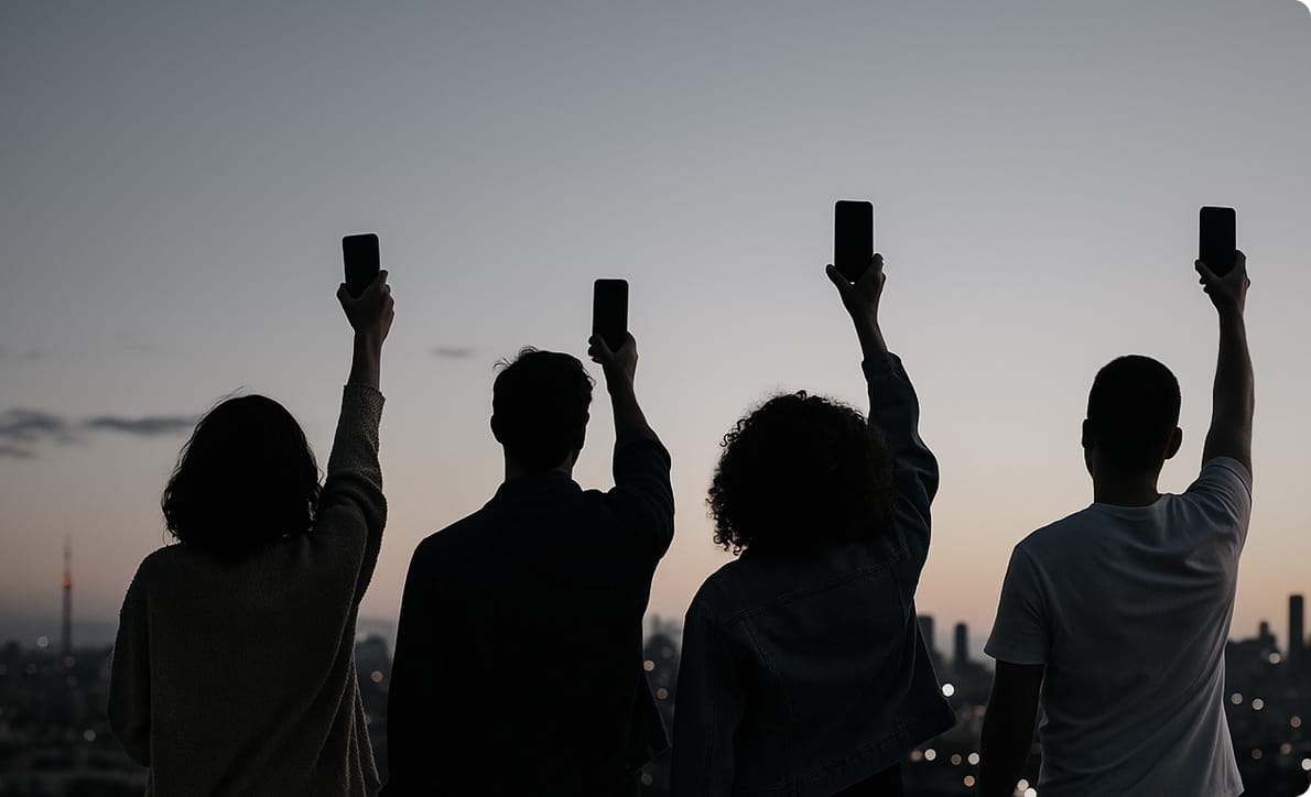 Silhouettes of people on a rooftop at dusk holding smartphones above a city skyline.